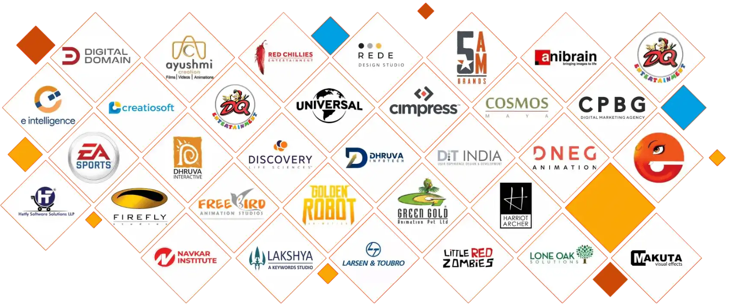 Industry company logos including Digital Domain, Red Chillies, Universal, EA Sports, DNEG, Green Gold, Larsen & Toubro and others